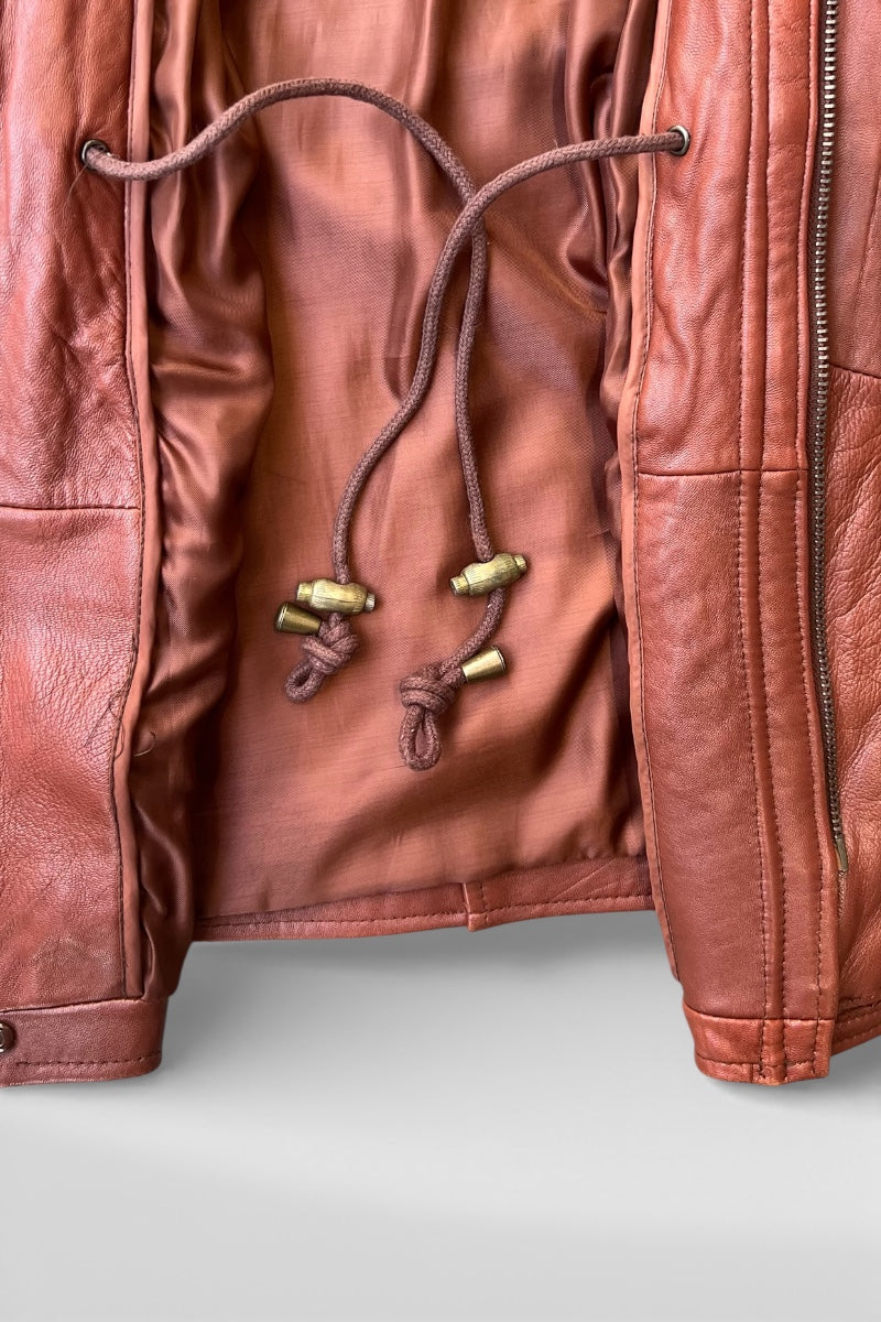 MADE IN USA 90'S ZIP UP LEATHER HALF COAT / BROWN [SIZE: L USED]