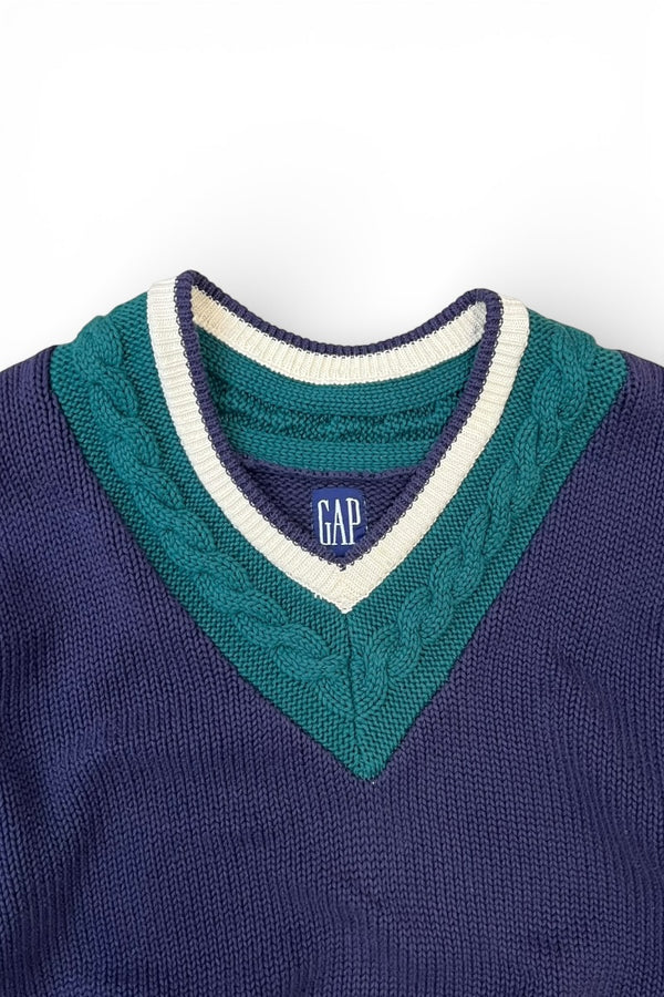 90'S V-NECK COTTON TILDEN KNIT SWEATER / NAVY [SIZE: L USED]