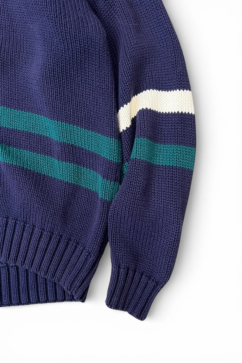 90'S V-NECK COTTON TILDEN KNIT SWEATER / NAVY [SIZE: L USED]