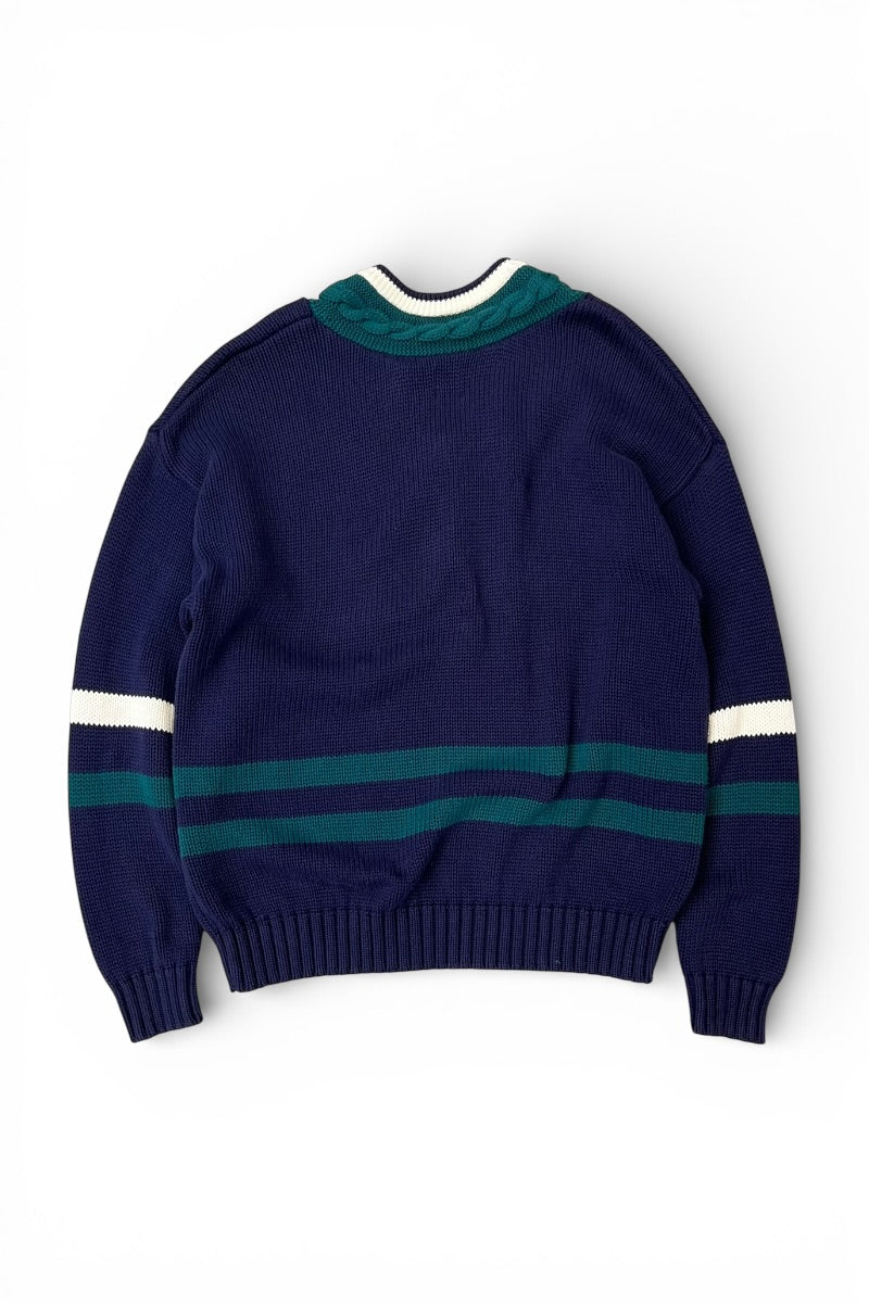 90'S V-NECK COTTON TILDEN KNIT SWEATER / NAVY [SIZE: L USED]