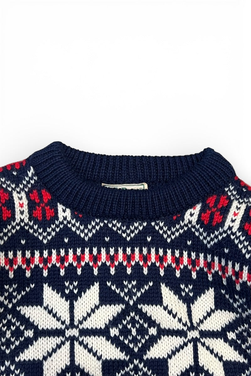 MADE IN NORWAY 70-80'S NORDIC PATTERN WOOL KNIT SWEATER / NAVY [SIZE: L USED]