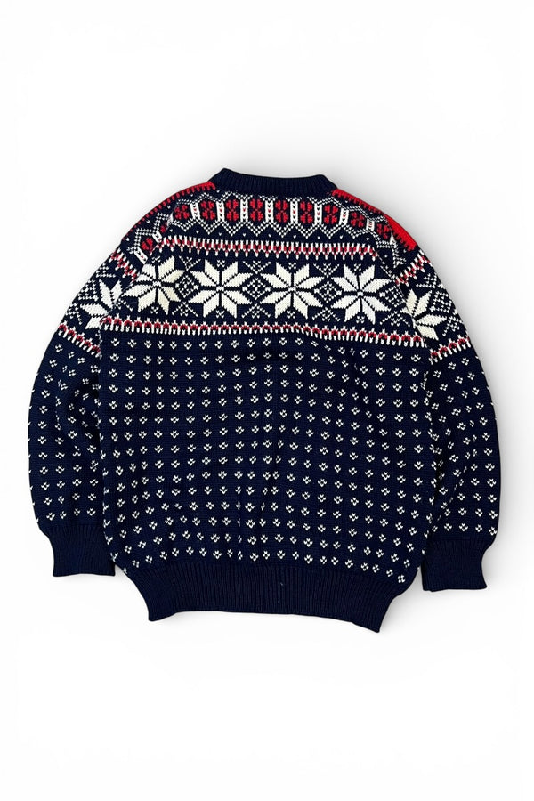 MADE IN NORWAY 70-80'S NORDIC PATTERN WOOL KNIT SWEATER / NAVY [SIZE: L USED]