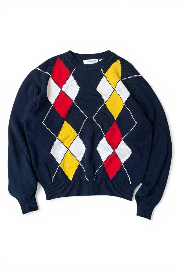 90'S ARGYLE COTTON KNIT SWEATER / NAVY [SIZE: M USED]
