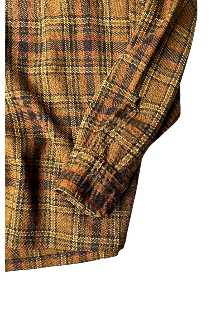 60s-70s L/S WOOL CHECK OPEN COLLAR SHIRT / BROWN [SIZE: L USED]