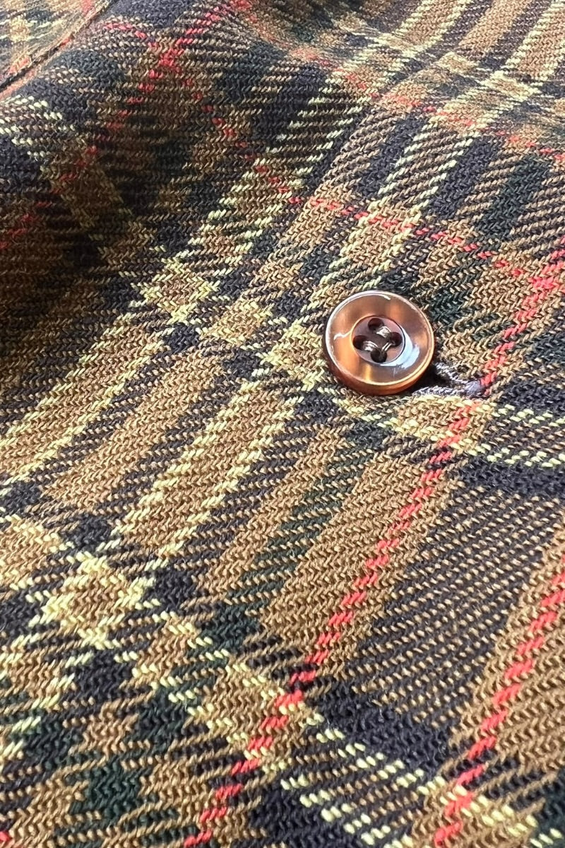 60s-70s L/S WOOL CHECK OPEN COLLAR SHIRT / BROWN [SIZE: L USED]