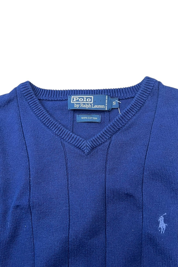 90'S V-NECK COTTON KNIT SWEATER / NAVY [SIZE: S USED]