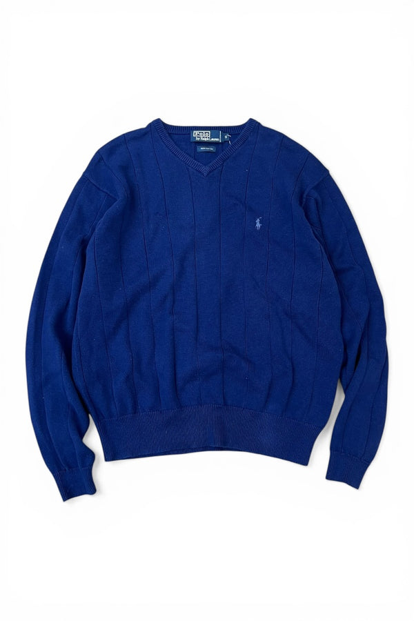 90'S V-NECK COTTON KNIT SWEATER / NAVY [SIZE: S USED]