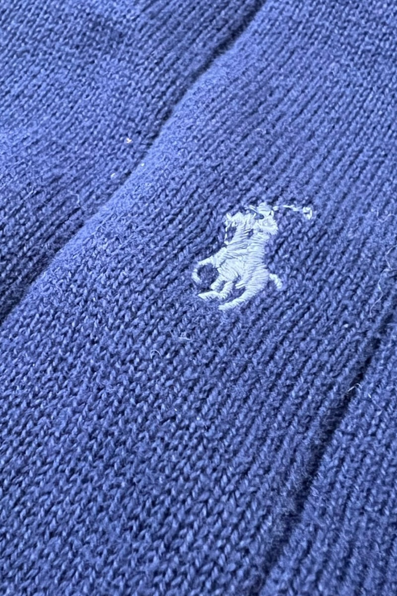 90'S V-NECK COTTON KNIT SWEATER / NAVY [SIZE: S USED]