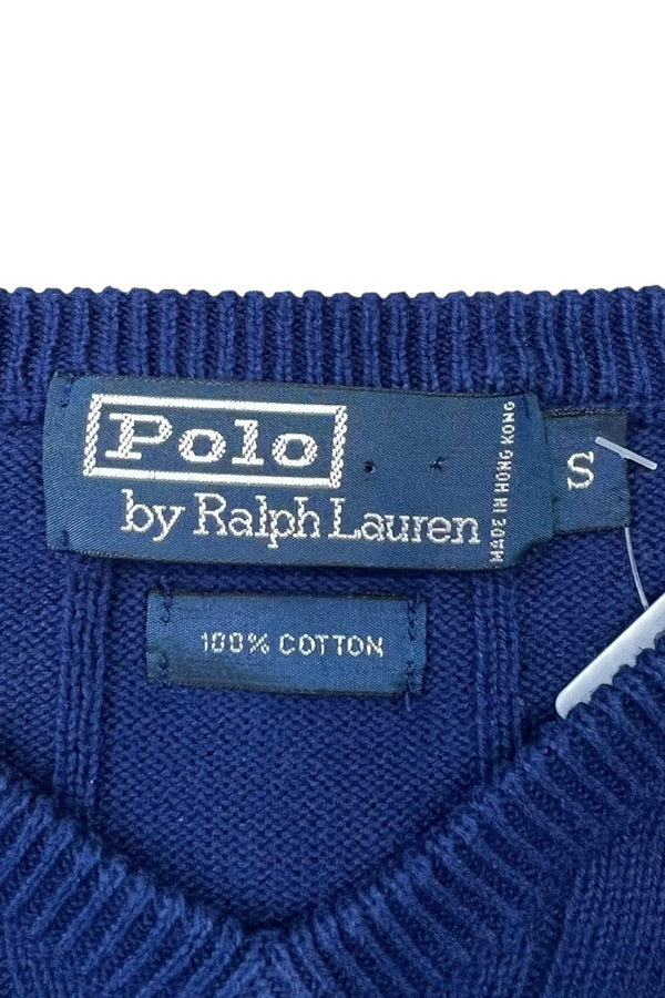 90'S V-NECK COTTON KNIT SWEATER / NAVY [SIZE: S USED]