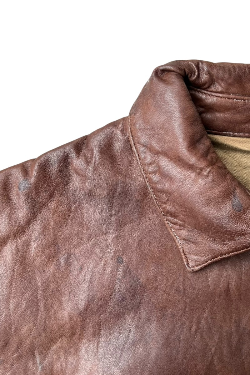 90'S ZIP UP LEATHER JACKET / BROWN [SIZE: XL USED]