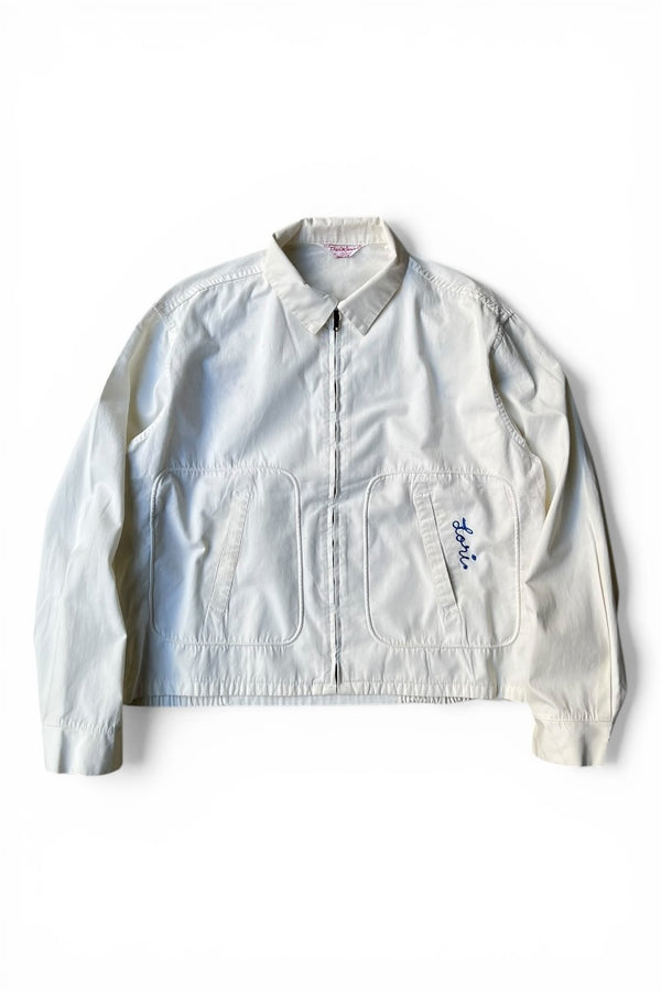 60'S CHAIN STITCH EMBROIDERED DRIZZLER ZIP JACKET / WHITE [SIZE: L USED]