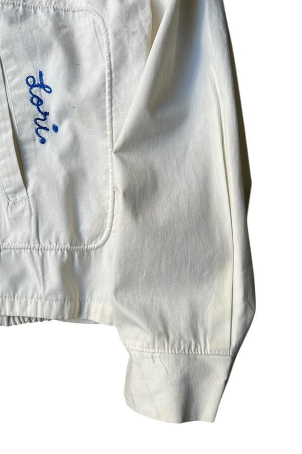 60'S CHAIN STITCH EMBROIDERED DRIZZLER ZIP JACKET / WHITE [SIZE: L USED]