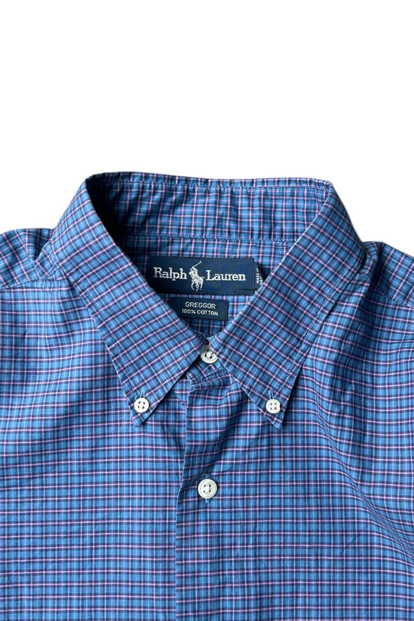 90'S GREGGOR STRAIGHT HEM L/S BD CHECK SHIRT / BLUE [SIZE: L USED]