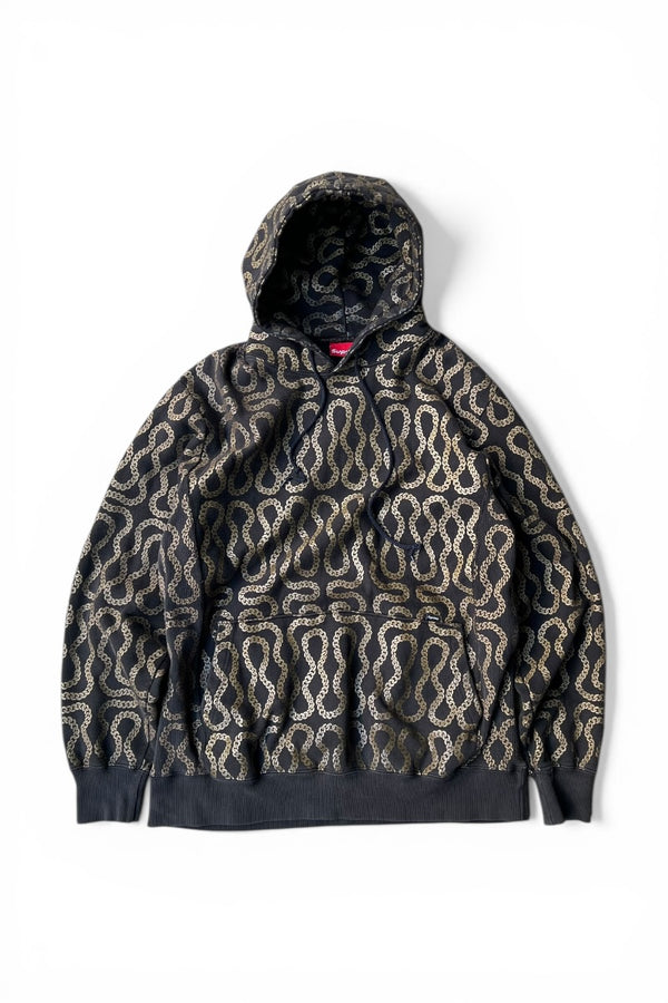 Y2K EARLY 00'S MADE IN CANADA SQUIGGLE CHAIN HOODIE SWEATSHIRT / BLACK [SIZE: XL USED]