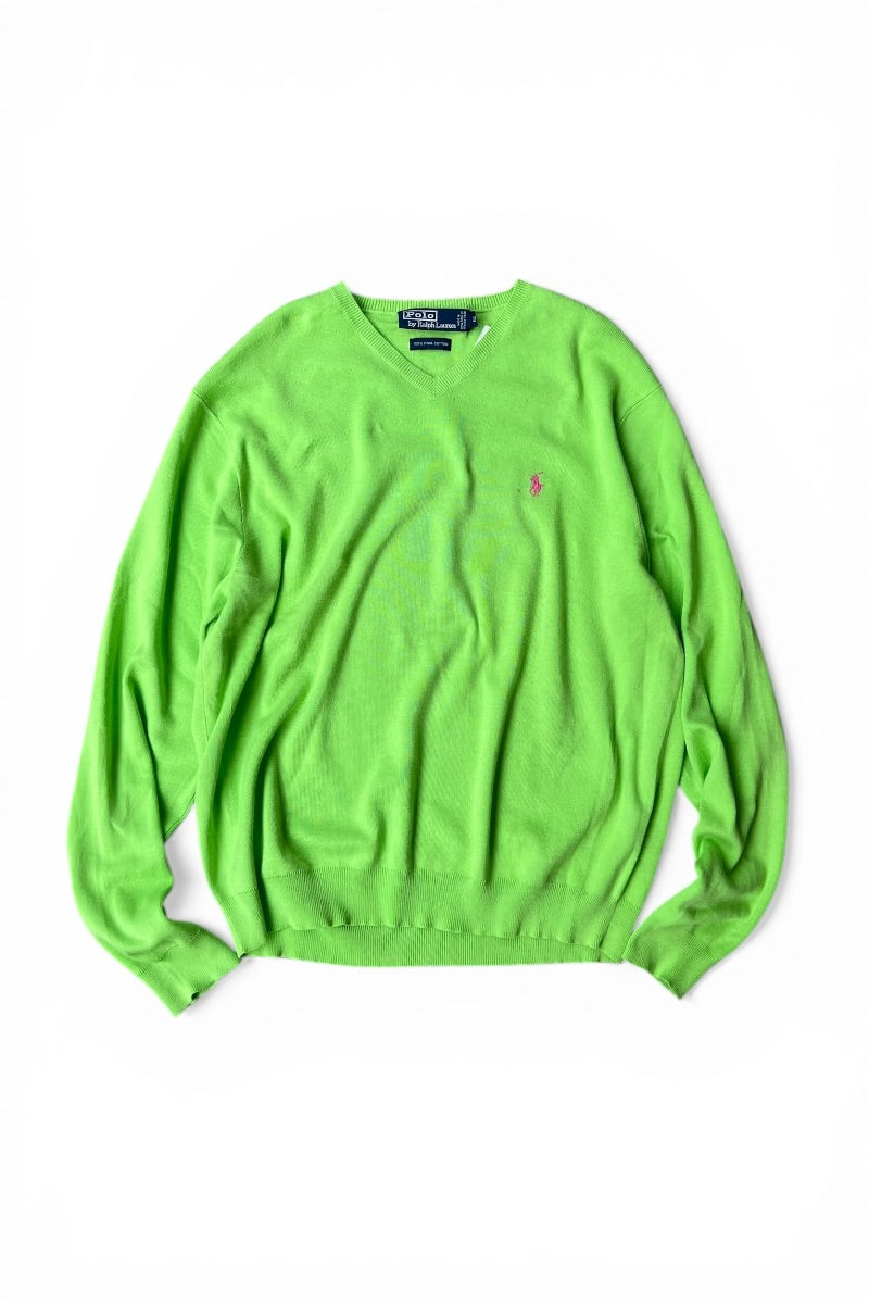 90'S V-NECK PIMA COTTON KNIT SWEATER / NEON [SIZE: L USED]