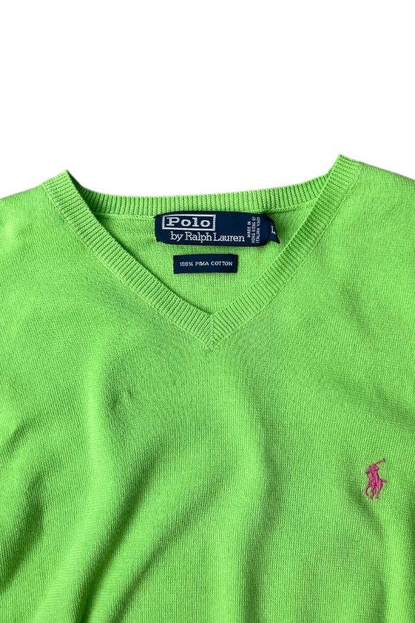 90'S V-NECK PIMA COTTON KNIT SWEATER / NEON [SIZE: L USED]