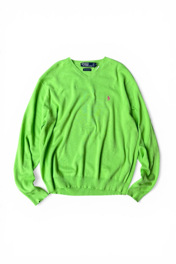 90'S V-NECK PIMA COTTON KNIT SWEATER / NEON [SIZE: L USED]