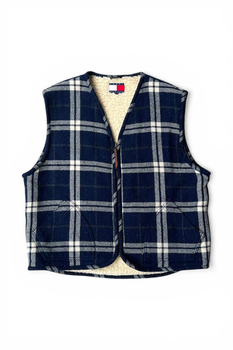 90'S WOOL CHECK VEST W/BOA LINER / CHECK [SIZE: L USED]