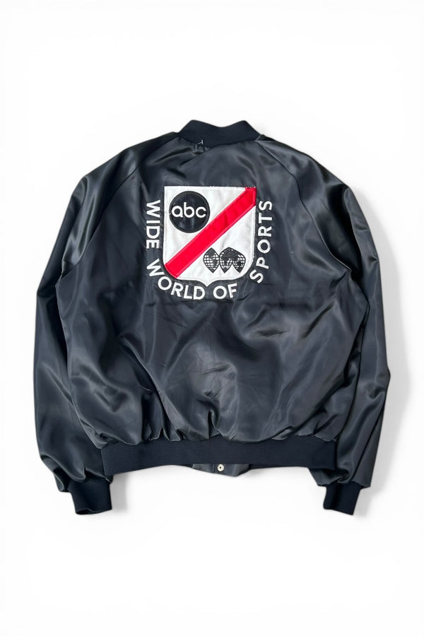 MADE IN USA 80'S ABC BACK EMBROIDERY NYLON STADIUM JACKET / BLACK [SIZE: XL USED]