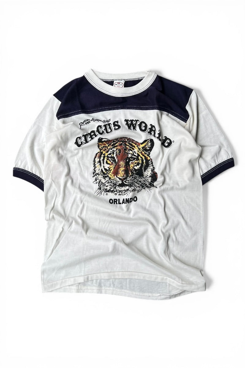 MADE IN USA 80'S TIGER PRINT RINGER T-SHIRT / WHITE [SIZE: M USED]