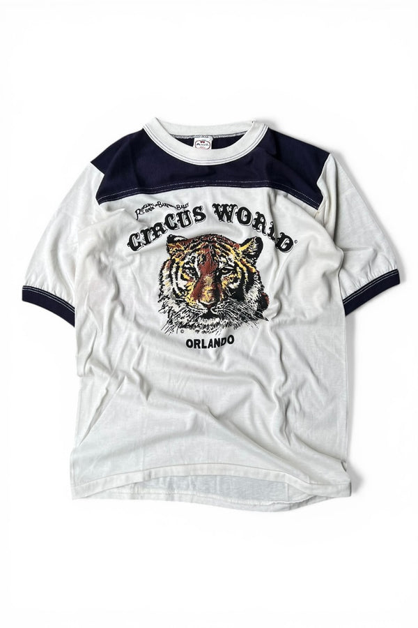 MADE IN USA 80'S TIGER PRINT RINGER T-SHIRT / WHITE [SIZE: M USED]