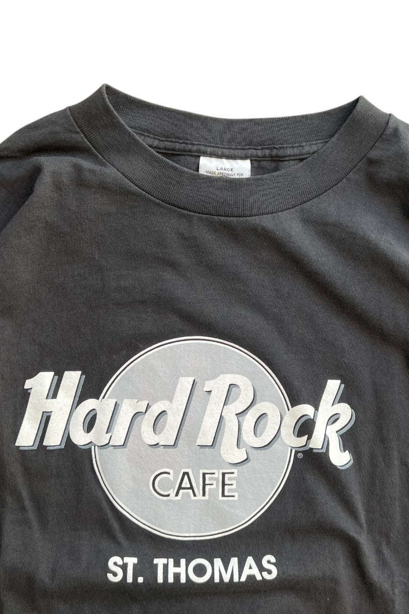 MADE IN USA 90'S ST.THOMAS PRINT ADVERTISING T-SHIRT / BLACK [SIZE: L USED]