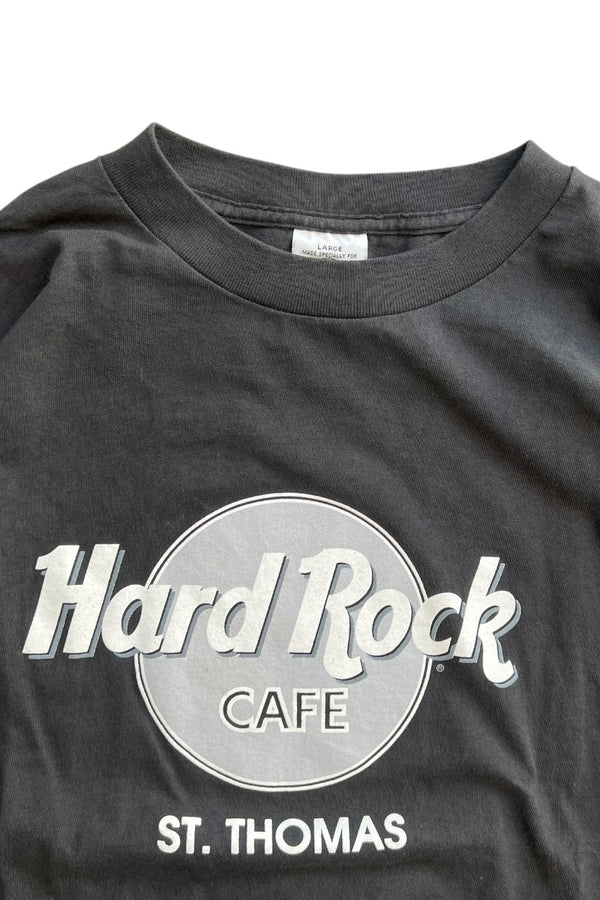 MADE IN USA 90'S ST.THOMAS PRINT ADVERTISING T-SHIRT / BLACK [SIZE: L USED]