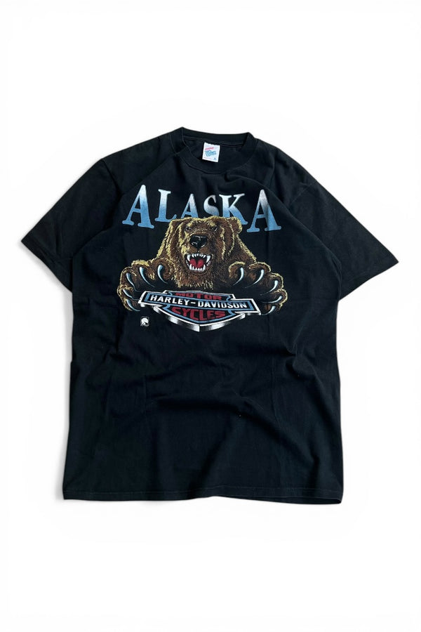 MADE IN USA 90'S HARLEY DAVIDSON ALASKA T-SHIRT / BLACK [SIZE: L USED]
