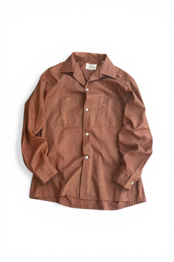 MADE IN USA 60'S L/S OPEN COLLAR SHIRT / BROWN [SIZE: 32 USED]