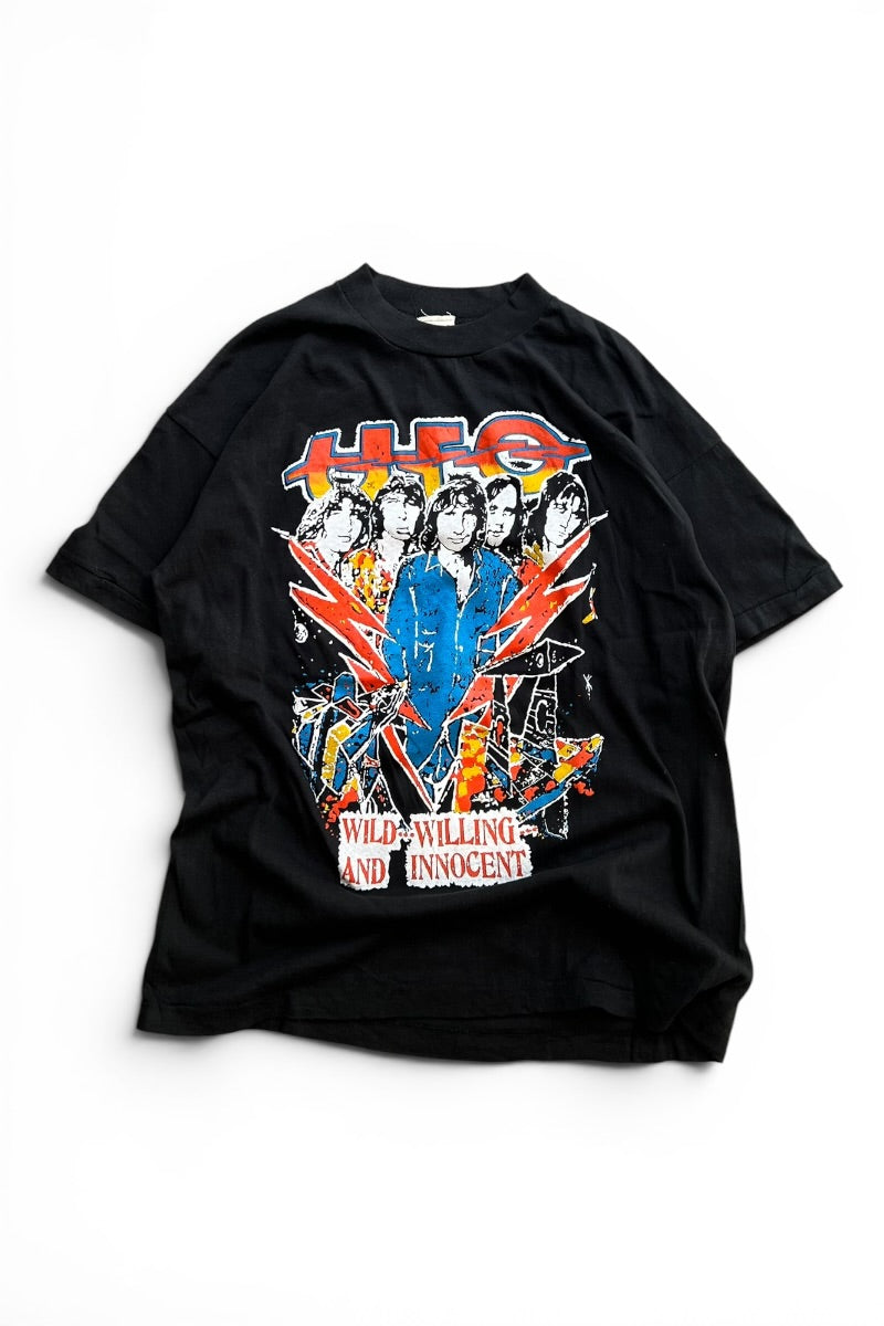 90'S UFO WILD WILLING AND INNOCENT PAKISTAN COTTON BAND T-SHIRT / BLACK [SIZE: M USED]