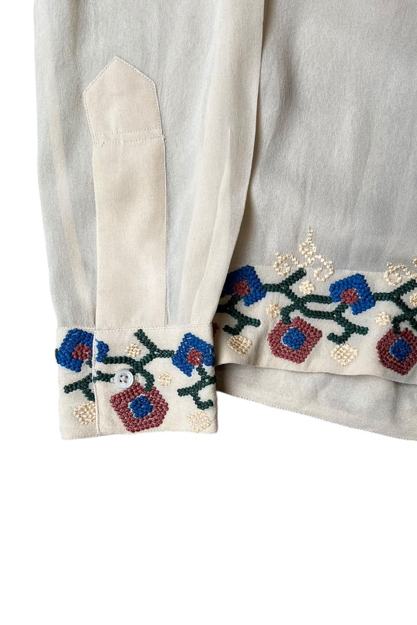 MADE IN INDIA L/S EMBROIDERY SILK SHIRT / BEIGE [SIZE: S USED]