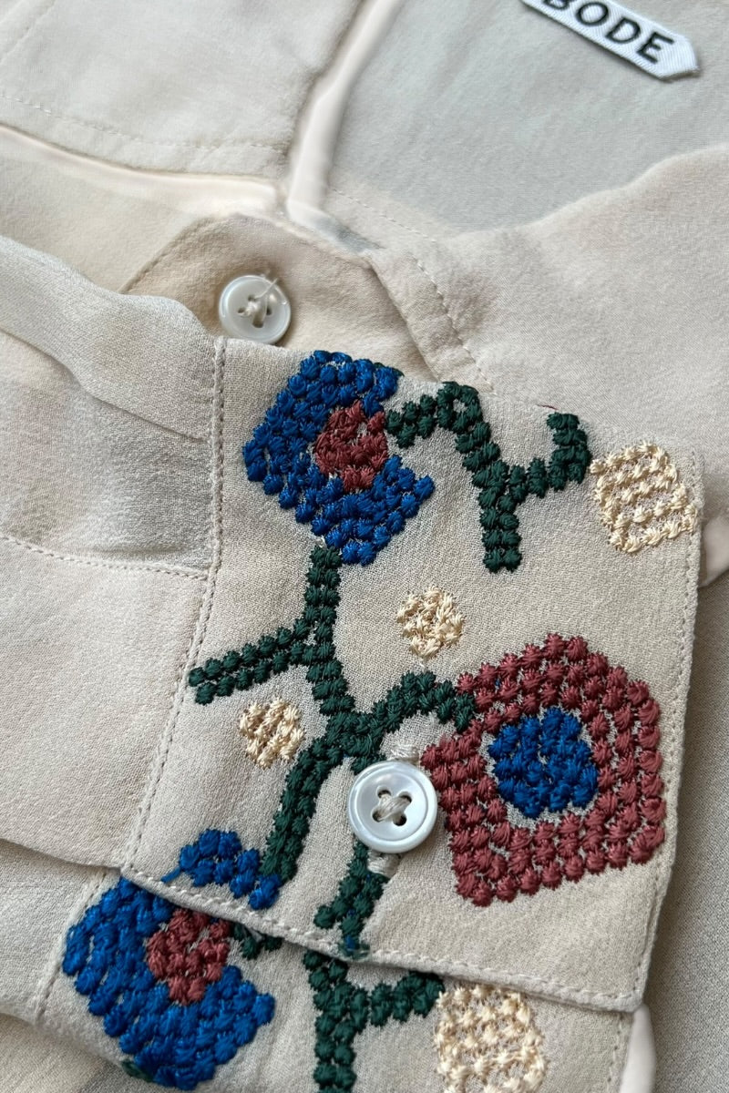 MADE IN INDIA L/S EMBROIDERY SILK SHIRT / BEIGE [SIZE: S USED]