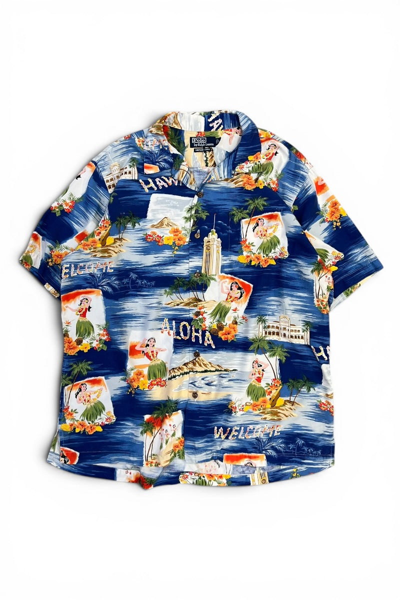 90'S S/S VINTAGE CAMP HAWAIIAN SHIRT / BLUE [SIZE: L USED]