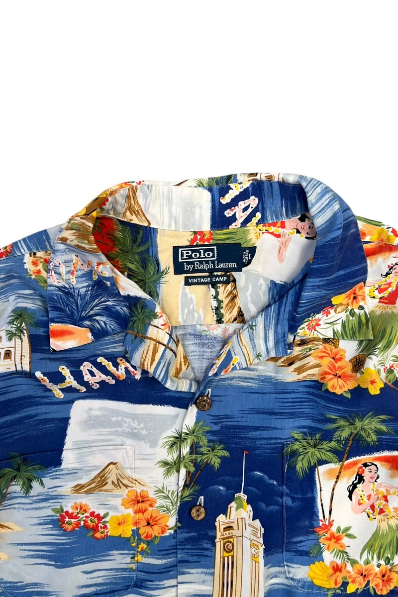 90'S S/S VINTAGE CAMP HAWAIIAN SHIRT / BLUE [SIZE: L USED]