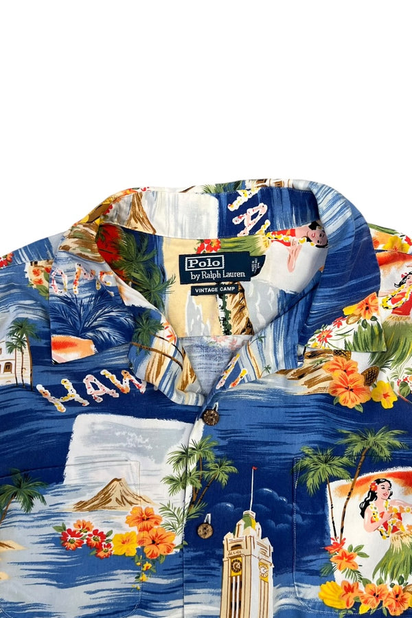 90'S S/S VINTAGE CAMP HAWAIIAN SHIRT / BLUE [SIZE: L USED]