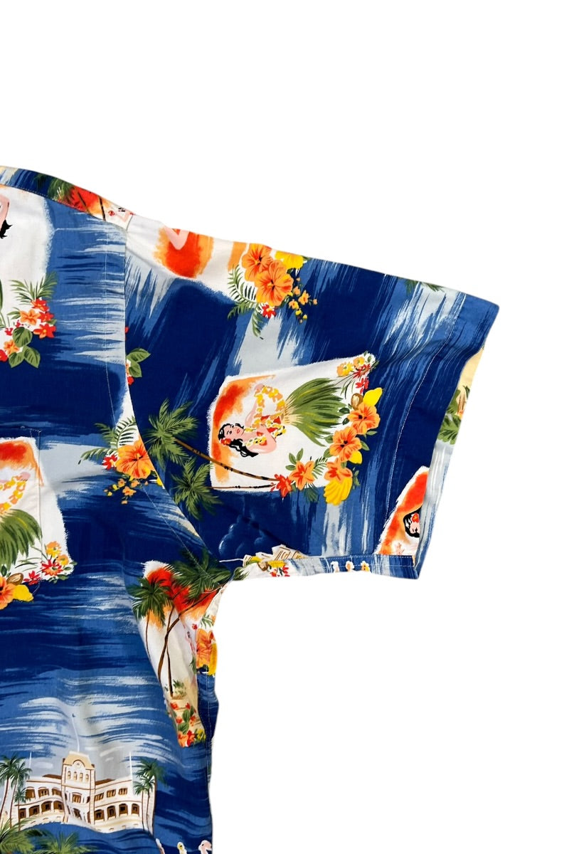 90'S S/S VINTAGE CAMP HAWAIIAN SHIRT / BLUE [SIZE: L USED]