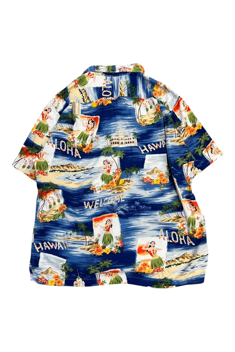 90'S S/S VINTAGE CAMP HAWAIIAN SHIRT / BLUE [SIZE: L USED]