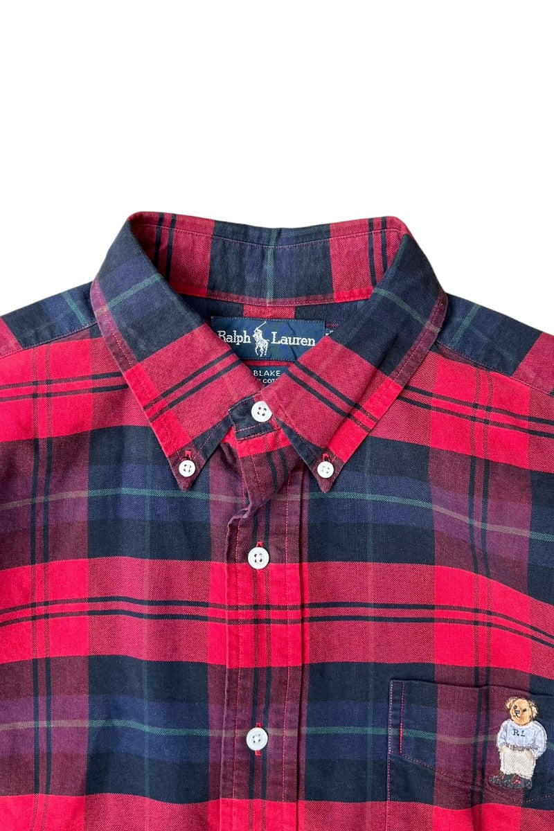 90'S BLAKE L/S POLO BEAR CHECK SHIRT / RED [SIZE: L USED]
