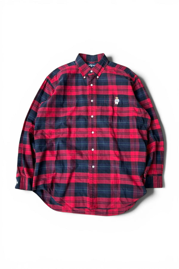 90'S BLAKE L/S POLO BEAR CHECK SHIRT / RED [SIZE: L USED]