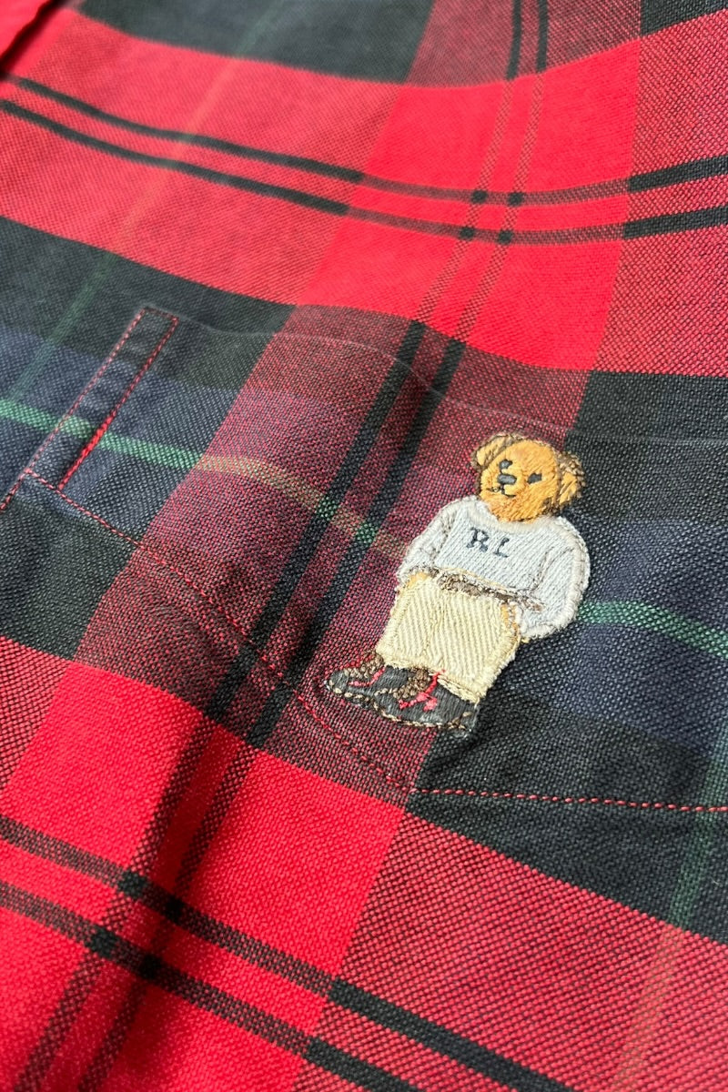 90'S BLAKE L/S POLO BEAR CHECK SHIRT / RED [SIZE: L USED]