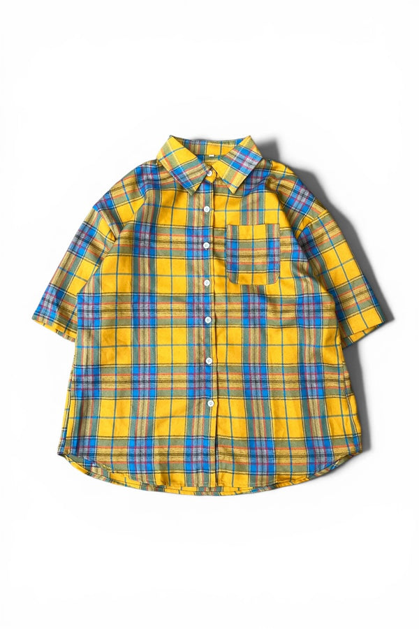 90'S S/S POLYESTER CHECK SHIRT / YELLOW [SIZE: S USED]