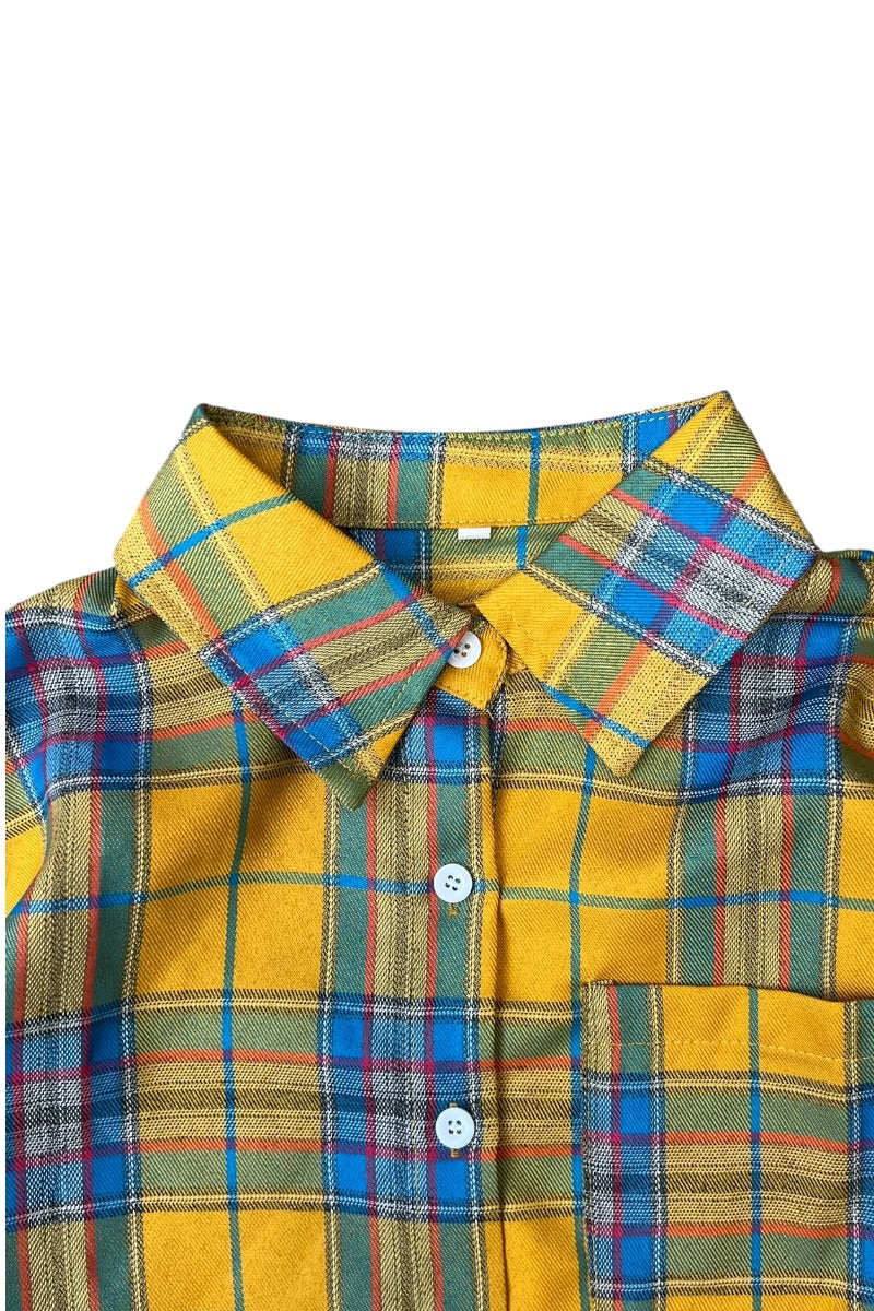 90'S S/S POLYESTER CHECK SHIRT / YELLOW [SIZE: S USED]