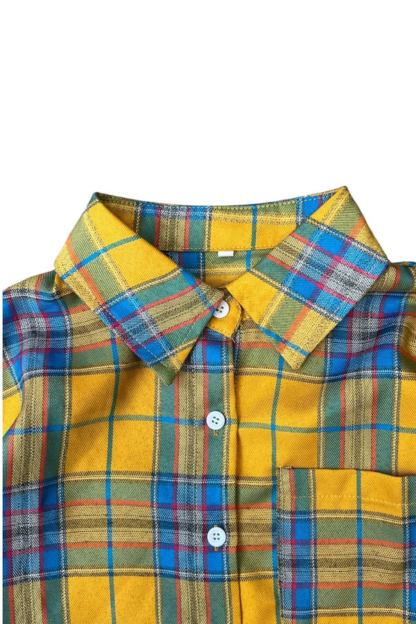 90'S S/S POLYESTER CHECK SHIRT / YELLOW [SIZE: S USED]