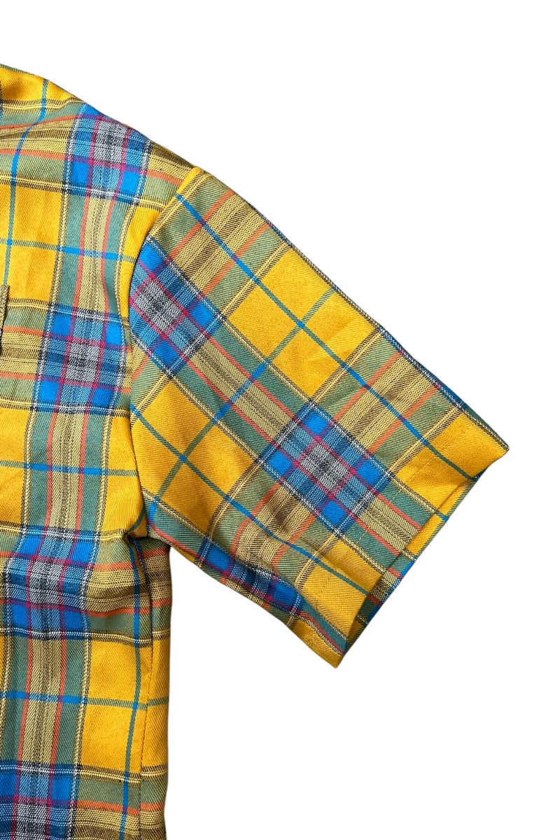 90'S S/S POLYESTER CHECK SHIRT / YELLOW [SIZE: S USED]