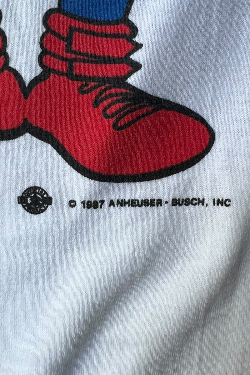 MADE IN USA 87'S BUDWEISER ADVERTISING RINGER T-SHIRT / WHITE [SIZE: XL USED]
