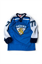 画像をギャラリービューアに読み込む, MADE IN CANADA 02'S FINLAND OLYMPIC HOCKEY GAME SHIRT / BLUE [SIZE: S USED]

