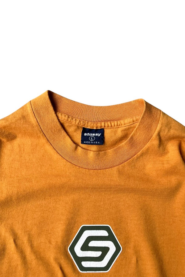 MADE IN USA 90'S SS-LINK HEX LOGO SKATE BOADING T-SHIRT / YELLOW [SIZE: L USED]