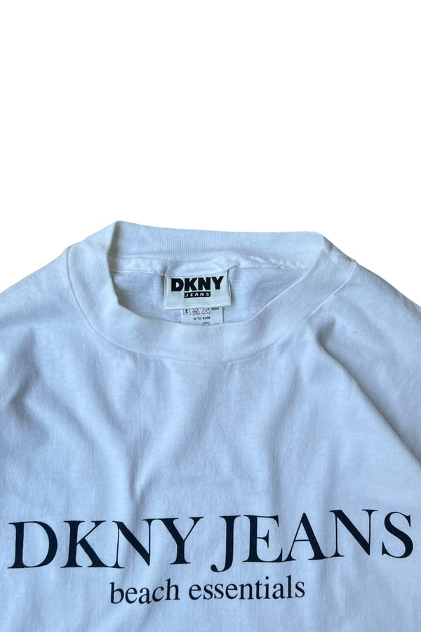 MADE IN USA 90'S BEACH ESSENTIALS PACKABLE T-SHIRT / WHITE BLUE [SIZE: L USED]