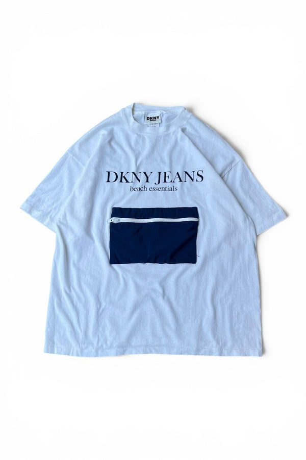 MADE IN USA 90'S BEACH ESSENTIALS PACKABLE T-SHIRT / WHITE BLUE [SIZE: L USED]