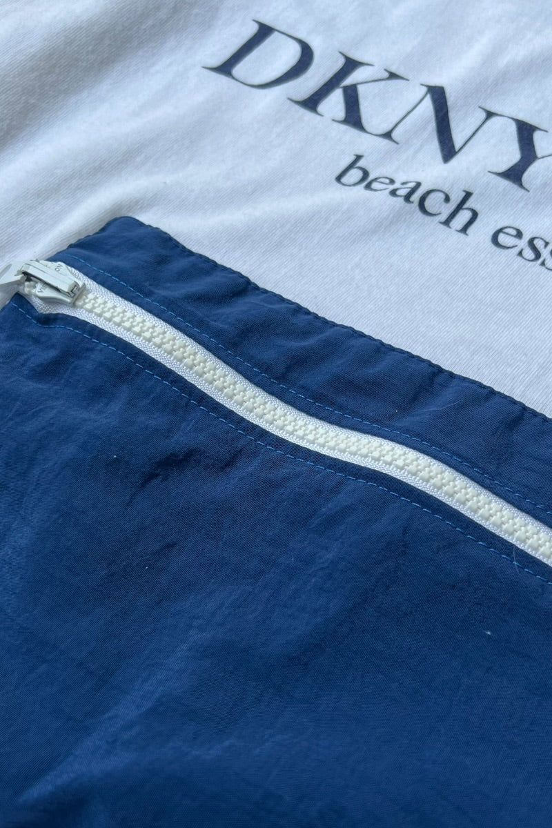 MADE IN USA 90'S BEACH ESSENTIALS PACKABLE T-SHIRT / WHITE BLUE [SIZE: L USED]